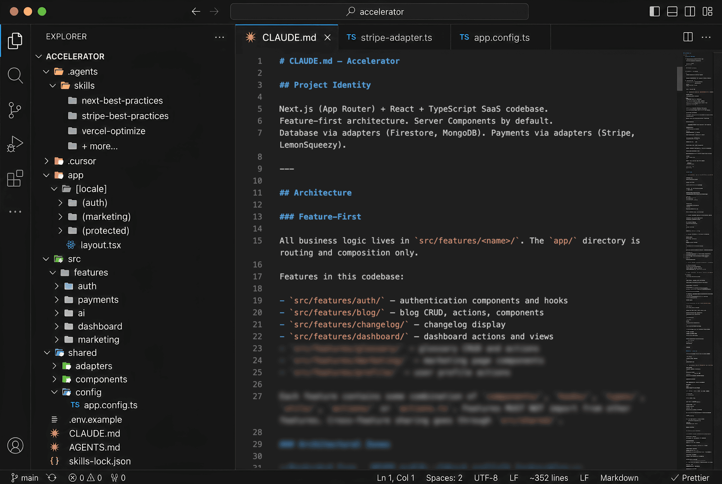 VS Code project structure showing AI rules, typed adapters, and SaaS boilerplate folders